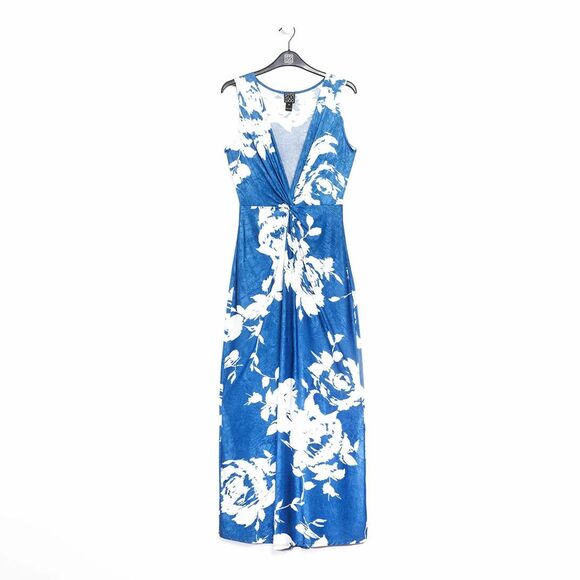 CLARA SUN WOO Crushed Silk Knit Center Slit Maxi Dress Sz M 12 Blue White Floral - Picture 12 of 15